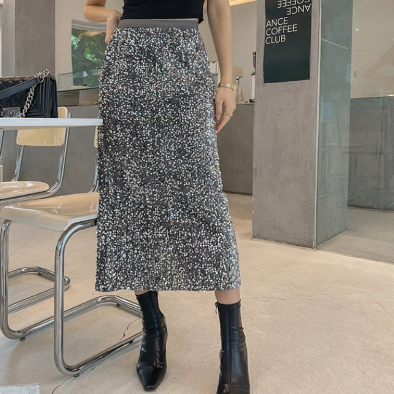 Korean Fashion Sequin Design Long Skirts for Women All Season Ladies Casual Streetwear All Match Sexy Midi Skirt Dropshipping