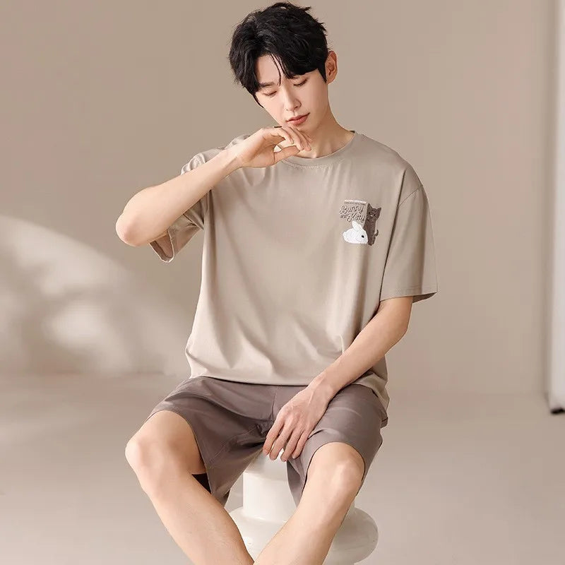 Fashion Casual Modal Pajamas Men's Summer Thin Short Sleeve Shorts New Large Size Youth Home Wear Men Pajamas