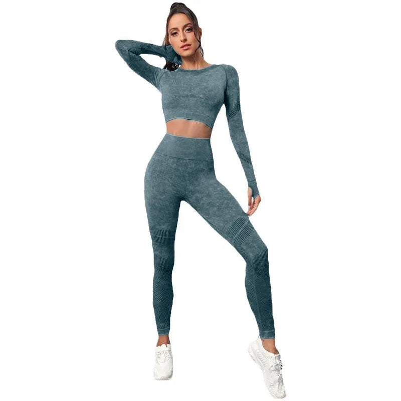 Ioga sem costura fita women workout sportswear gym roupas de ginástica longa colheita de manga comprida Top de altura de altas perneiras