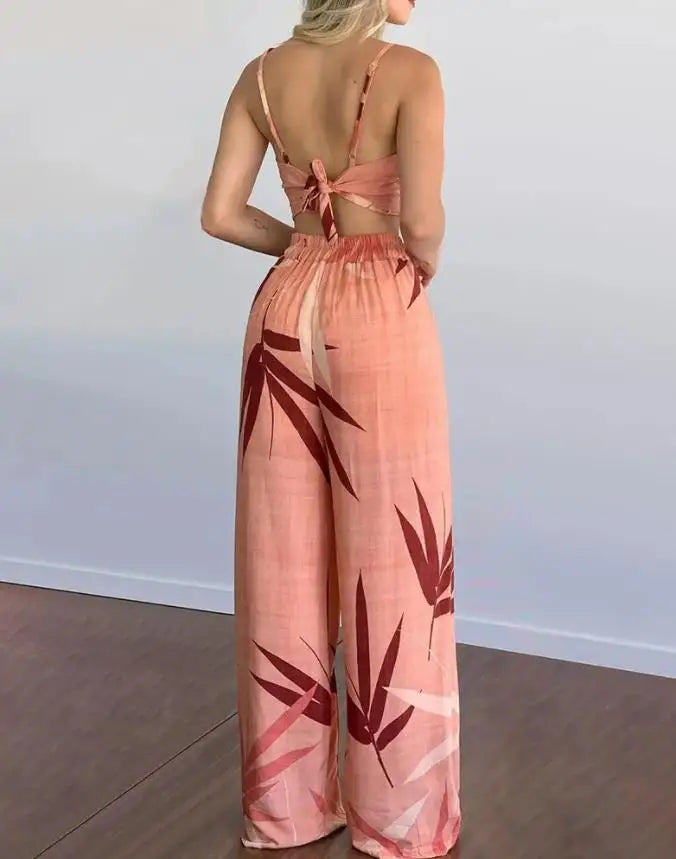 Sommer neuer Frauenanzug sexy ärmellose Backless Womens Outfits Blattdruck Crop Top & Wide Lein Hosen Set Long Hosen 2 Stück Sets