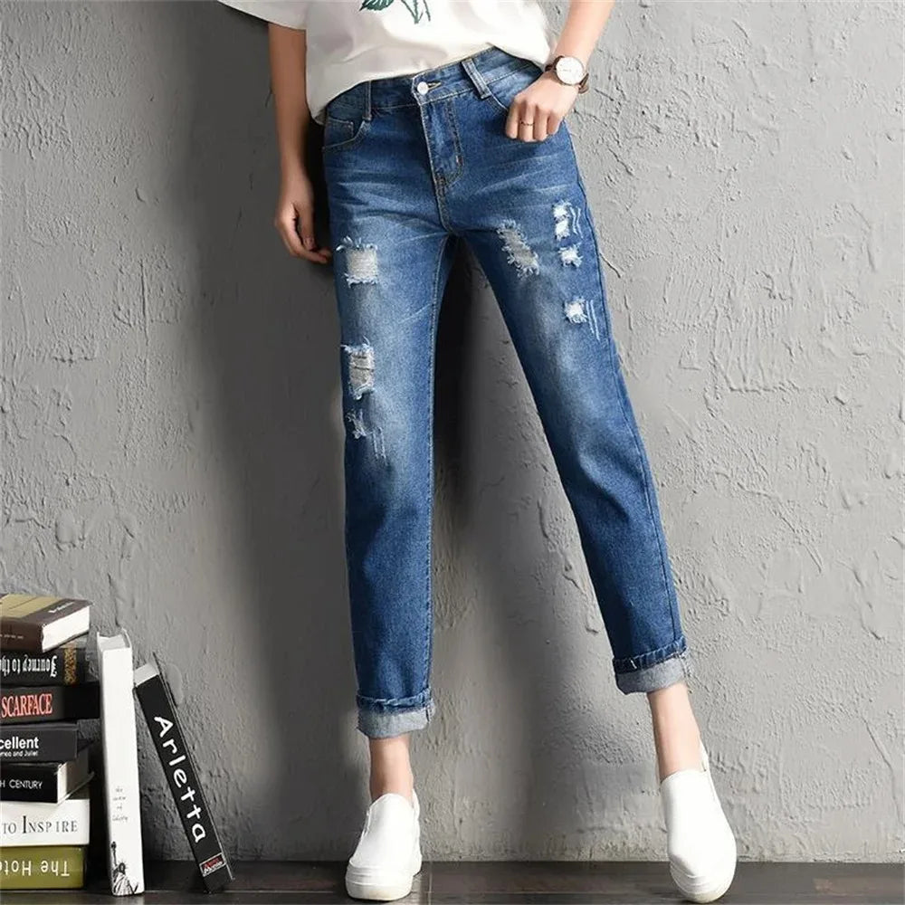 2024 Fashion New Women Mid Waist Boyfriend Big Ripped Hole Jeans Casual High Street Denim Pants Sexy Vintage Pencil Jeans y2k