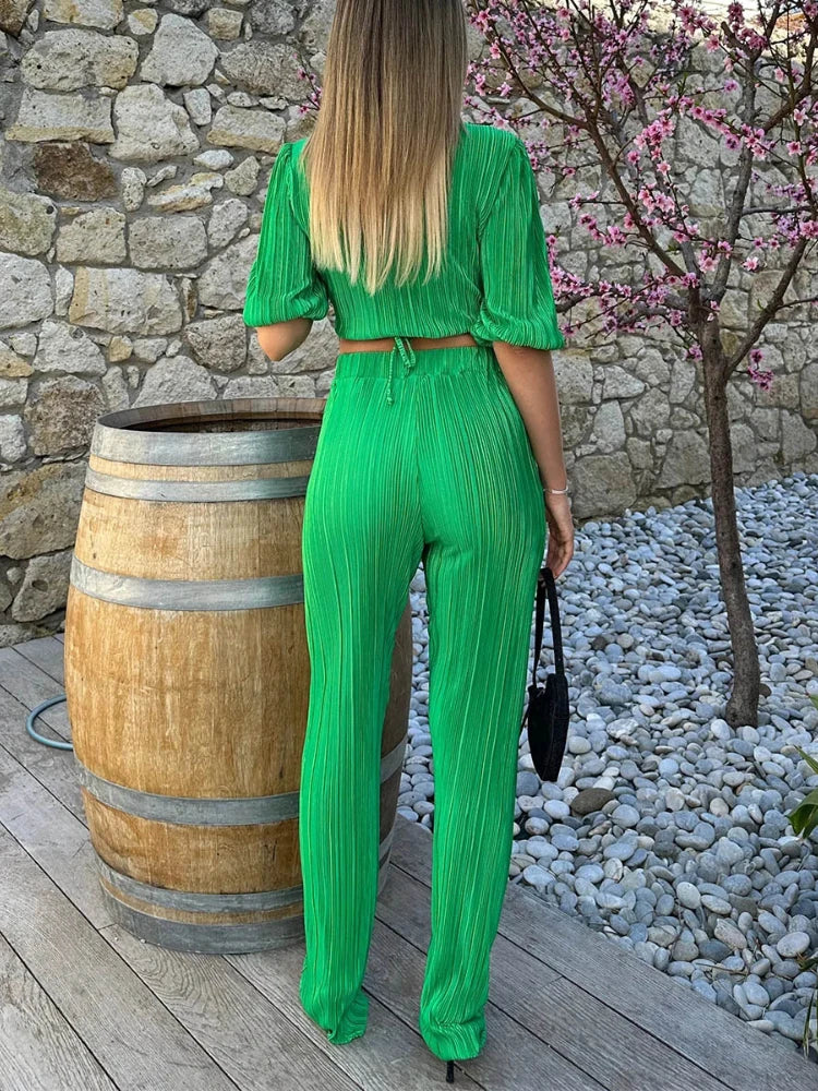 Pant Sets Summer Outfits for Women 2024 Casual Straight Leg Trouser Set New Solid Color Suit Short Sleeve V-Neck Two Piece Set