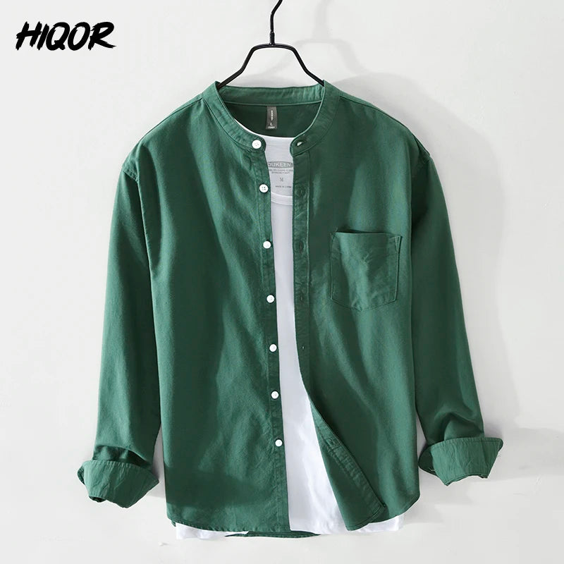 HIQOR Men's Shirt 100% Cotton All-match Long Sleeve Tops 2025 Spring Summer Solid Color Shirts Man Casual Blouses Streetwear Men