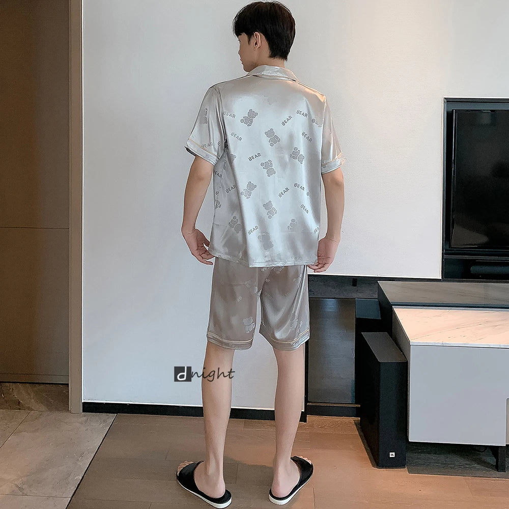 6XL Men's Silk Sleepwear Pajamas 2 Pieces Sets Nightwear Summer Men Pajama Set Shorts Trousers Large Size Pijama Home Suit