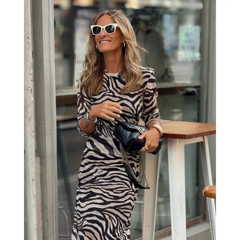 2023 Autumn Winter Dress New Women's Warm Zebra Pattern Velvet Stretch Slim Dress Women Long Sleeve Round-Neck High Waist Dress