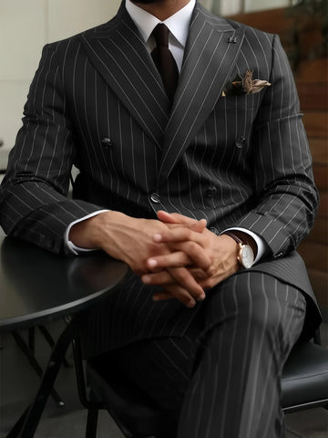 AnnieBritney Spring Black Stripe Suits for Men Slim Fit Peaked Lapel Double-Breasted Business Man Suit Blazer Traje Boda Hombre