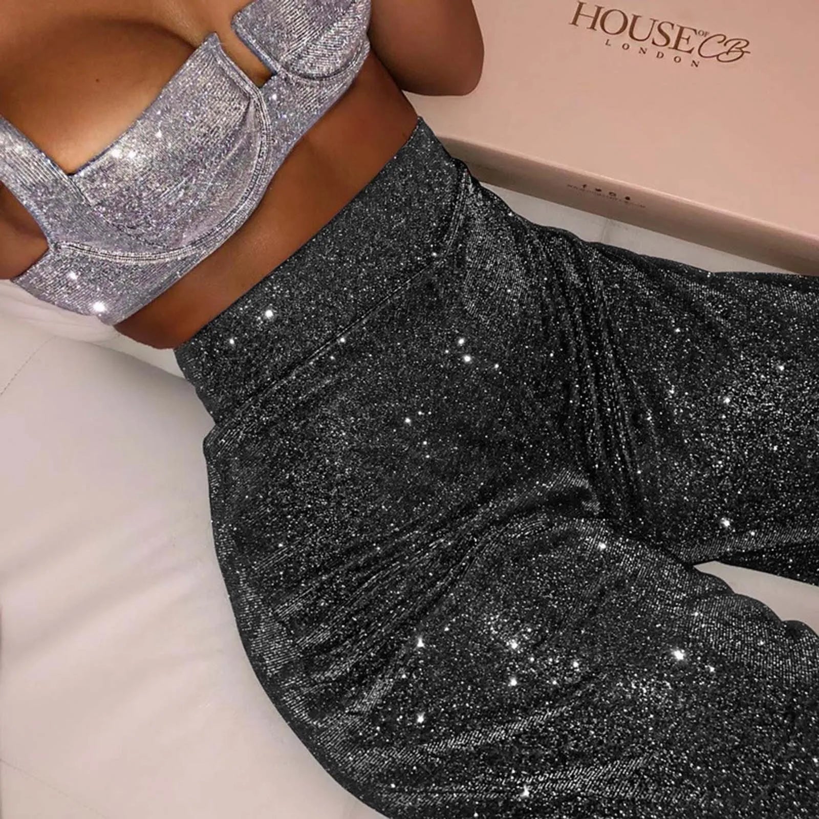 High Waisted Glitter Sequins Pants Outfit Women 2024 Silver Sparkly Flare Sequined Wide Leg Trousers Party Night Clubwear