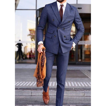 Luxury Men Suits Blue Stripe Double Breasted Peak Lapel Regular Length Formal Office Male Clothing Slim Fit 2 Piece Jacket Pants
