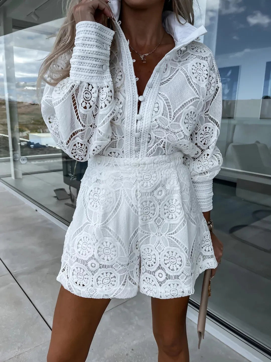 Foridol Vintage Single Breasted White Lace Women Shorts Sets Spring Long Sleeve Casual Party 2 Pcs Outfits Femme Suit Summer
