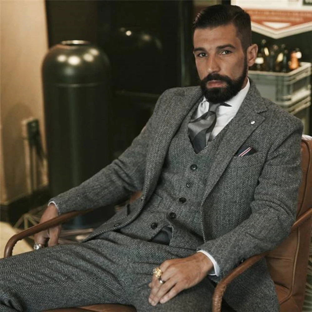 Gray Herringbone Pattern Men's Suits High Quality Wedding Groom Tuxedos Slim Fit Business Prom Dress Men's Formal Dress Suits