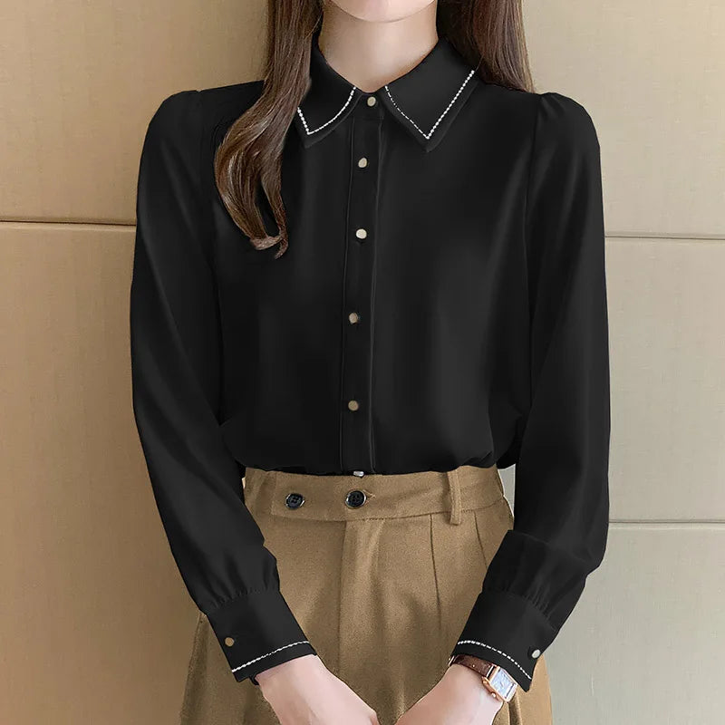 Women Clothing Solid Fashion Casual Loose Shirts Spring Autumn Long Sleeve Button Chic Turn-down Collar Blouses Female Top