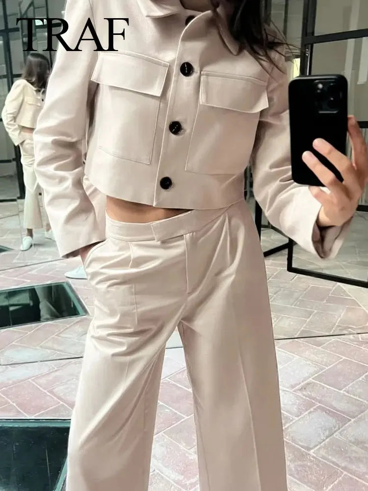 TRAF 2024 Spring Women's Fashion Beige Blazer Suit Single Breasted Jacket Women's High Waist Casual Baggy Pants 2-piece Set