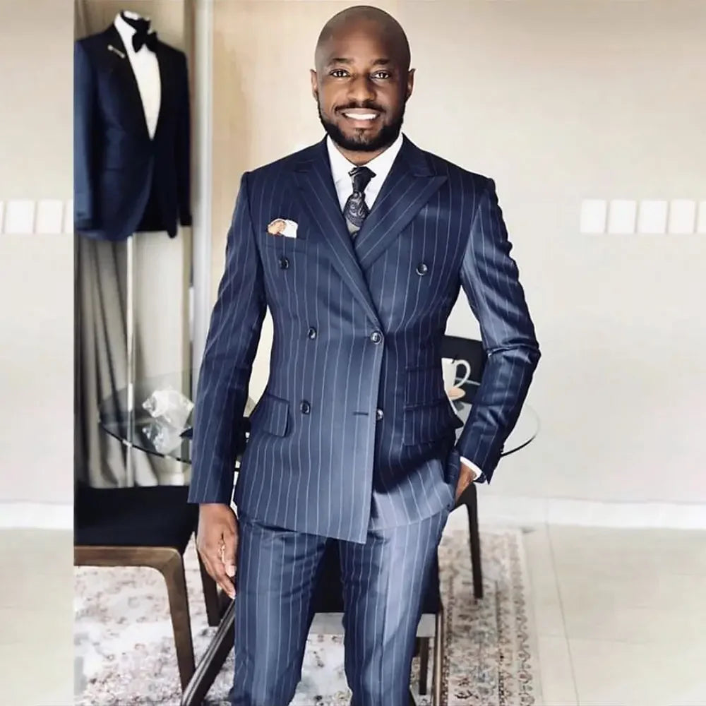 New Arrival Striped Male Suit Blue Formal Casual Wedding Tuxedo 2 Piece Business Peak Lapel Double Breasted Blazer with Pants
