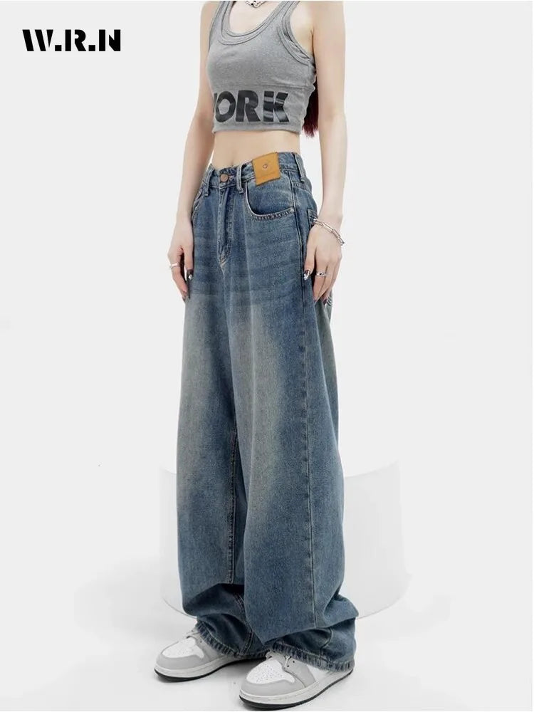 Women Retro Aesthetic Wide Leg Baggy Casual Denim Trouser Harajuku Blue High Waist Loose Jeans 2024 Spring Fashion Pants