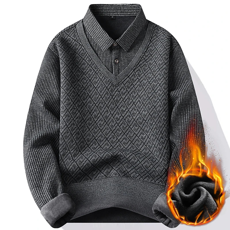 Winter Warm Thick Pullovers Men Polo Neck Fake Two Pieces Sweaters Fashion Casual Striped Fleece Lined Jumper Knitting Sweaters