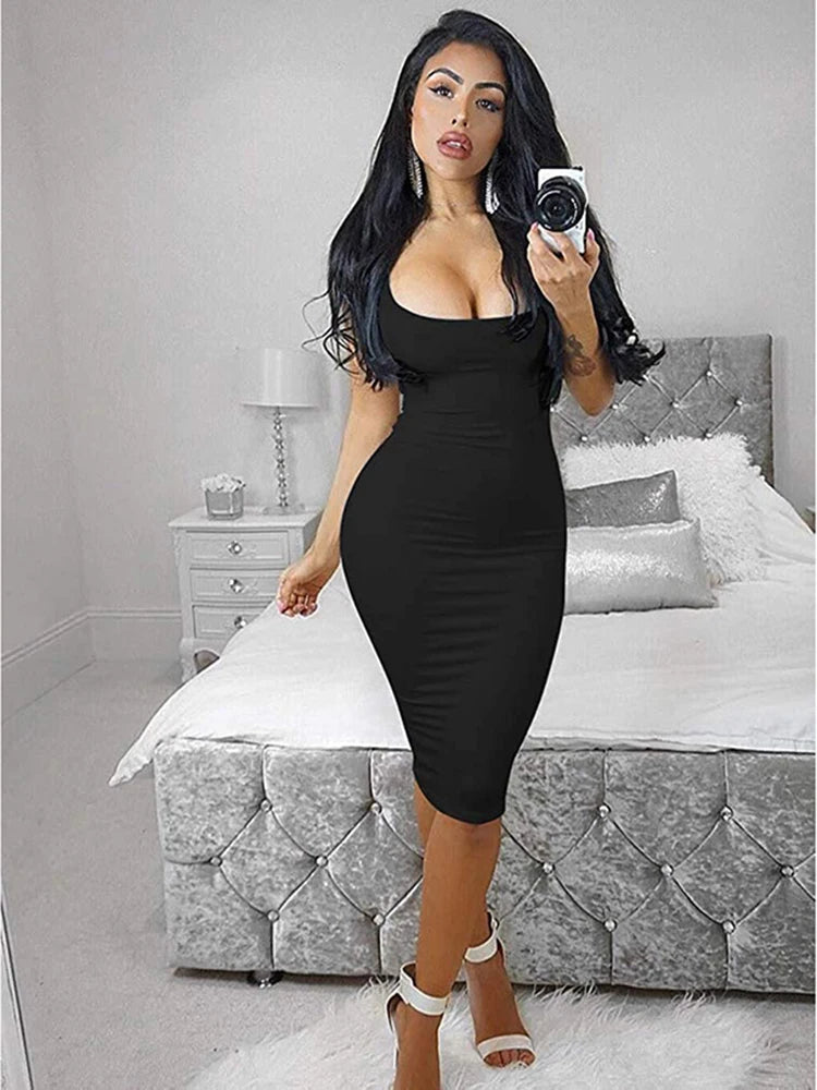 Summer Women Black Dresses Autumn Neon Green Sexy Bodycon Spaghetti Strap Midi Long Party Club Tank Dress For Women Female