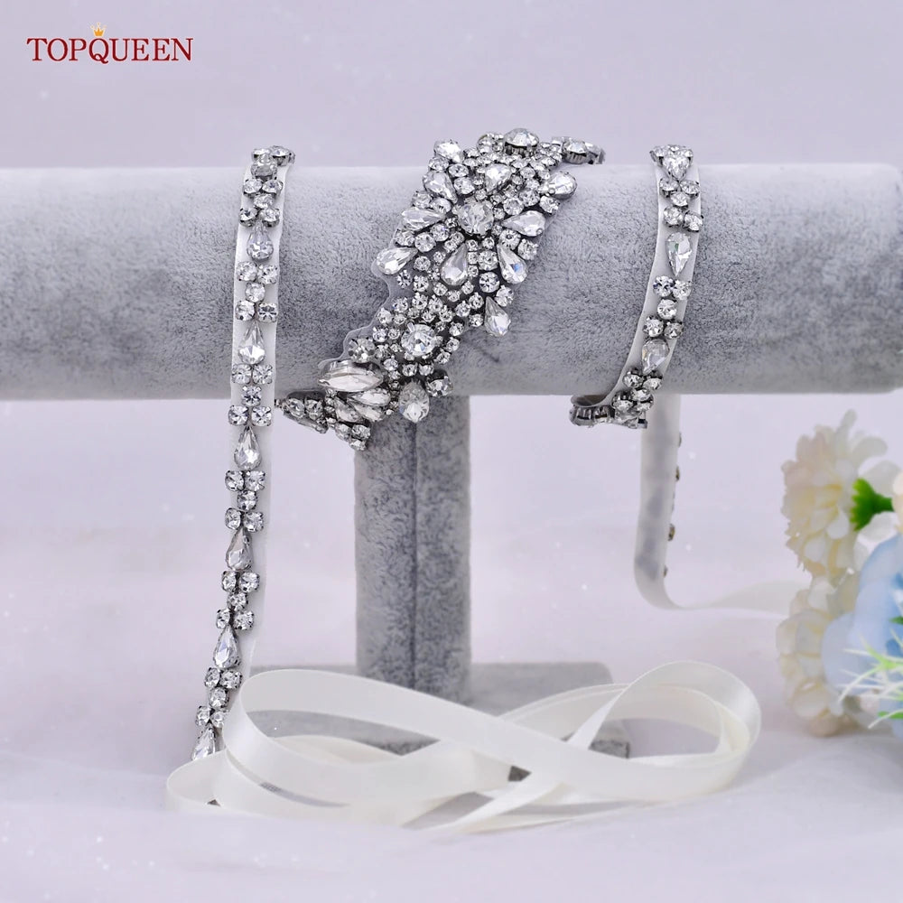 TOPQUEEN New Style Bridal Belt Silver Fancy Rhinestone Women Wedding Dress Accessories Satin Ribbon Belt S51