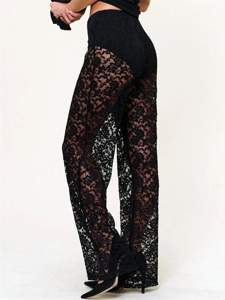 Women’s Sheer Lace Pants High Waist Wide Leg Flare Pants Bell-Bottoms Club Beach Sexy Trousers Streetwear