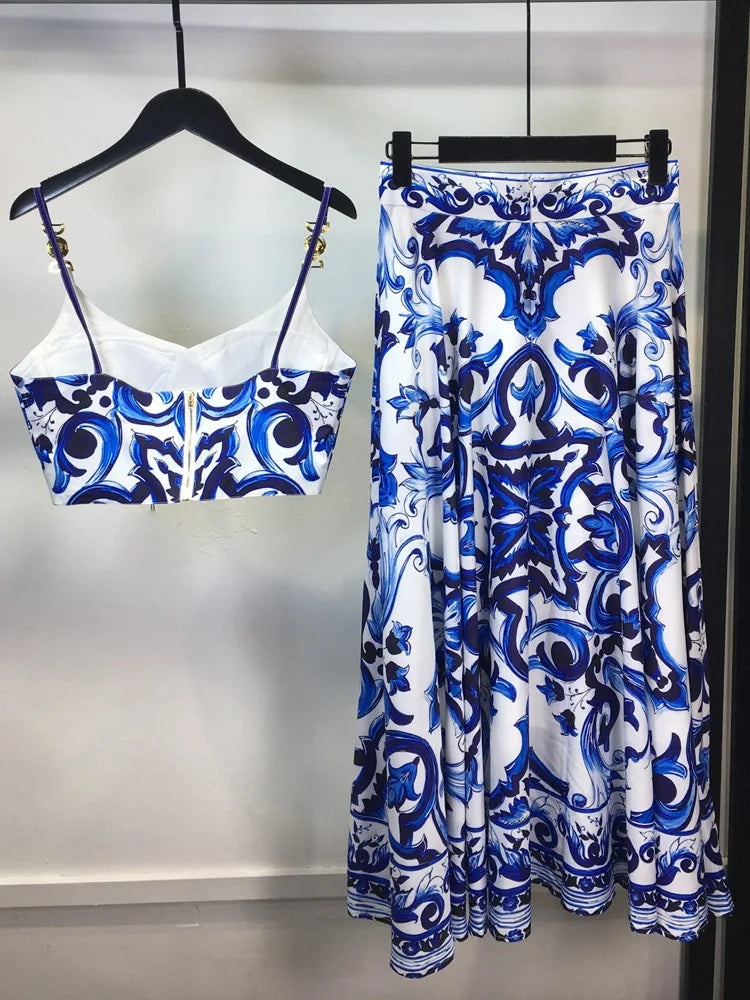 Summer Holiday Blue And White Porcelain Two Piece Set Women's Spaghetti Strap Padded Cup Zipper Print Short Top+Long Skirt Suits