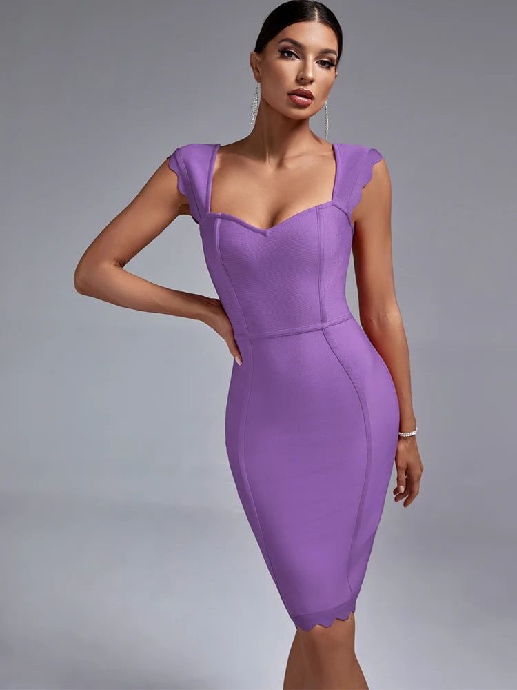 Lilac Purple Bandage Dress Women Party Dress Bodycon Elegant Scalloped Sexy Birthday Evening Outfits Summer 2023 New Arrival