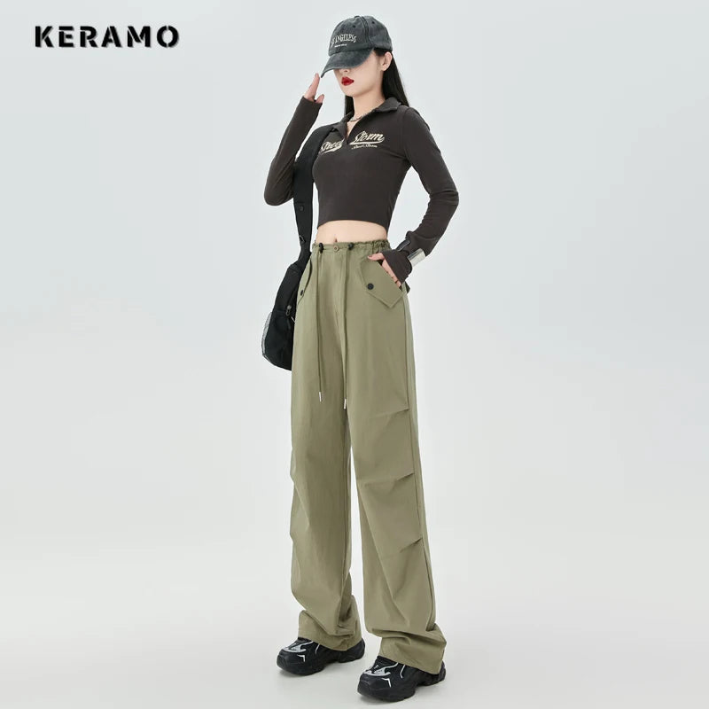 Women's High Street Casual Overalls 2000S Solid Color Loose Wide Leg Pants American Retro Punk Y2k Drawstring Cargo Pants