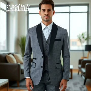 Elegant 3pcs Celebrity Suits With Black Lapel Trim, Perfect For Proms & Gala Events Tuxedo, Casual On Duty Set, Plus Size Groom