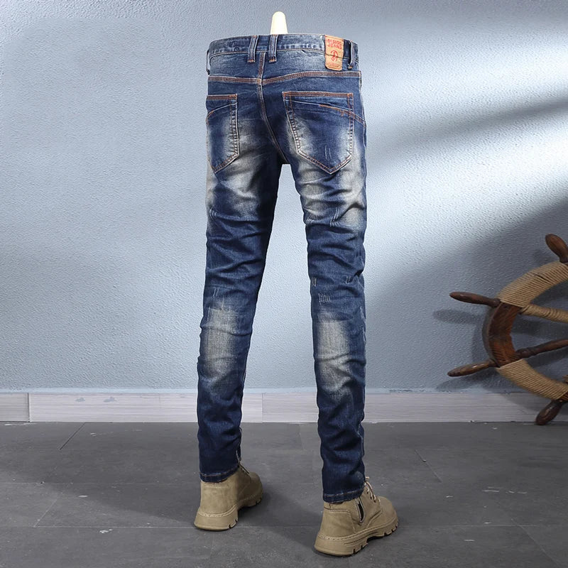 Y2KFashionable new jeans, washed, nostalgic, stretchy, slim fit, retro blue, men's jeans, designer, high-quality jeans, hombre