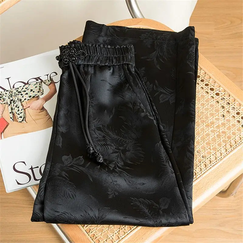 Black Vintage Elastic High Waist Lace Up Wide Leg Loose Women's Pants Korean Fashion Full-Length Pants For Women 2024 Spring