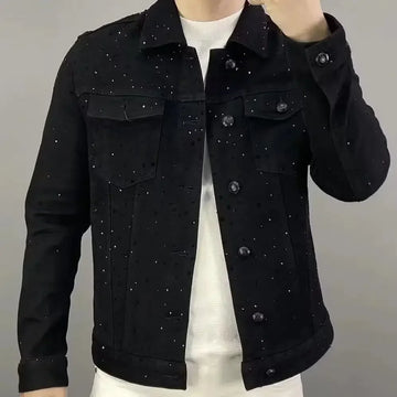 Jeans Coat for Men Button Casual Slim Short Denim Jackets Man Diamond Black Japanese Loose Chic Elegant Low Cost Rock ZL459