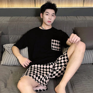 Men's Two-Piece Pajamas Homewear Summer Men's Pajamas Cotton Short-Sleeved Shorts Large Size Teenage Boys Casual Homewear Set