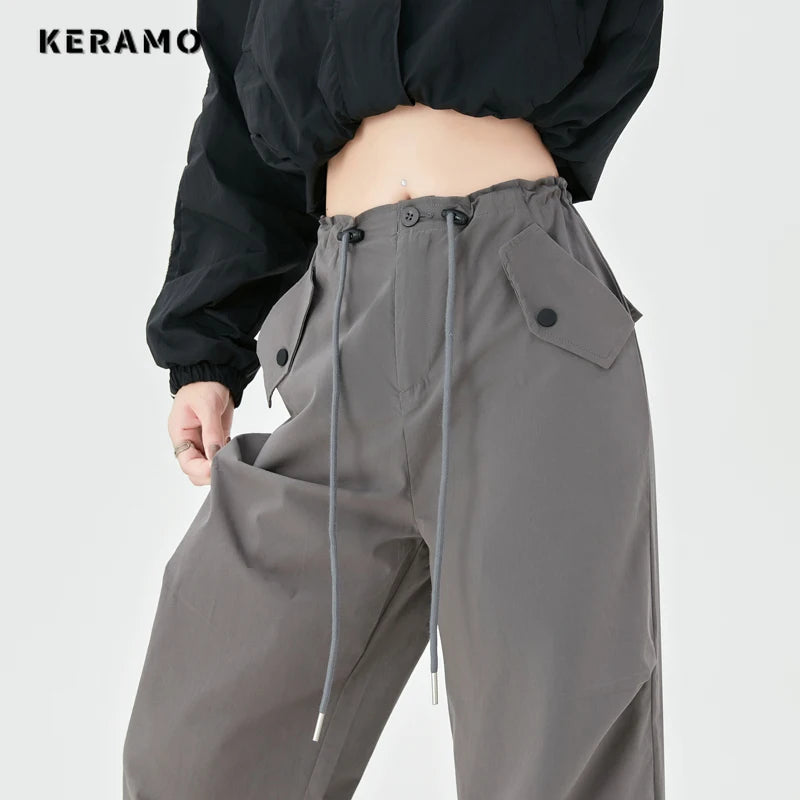 Women's High Street Casual Overalls 2000S Solid Color Loose Wide Leg Pants American Retro Punk Y2k Drawstring Cargo Pants