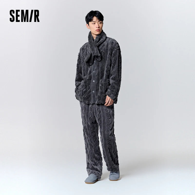 Semir Pajamas Men Soft Warm Loose Scarf Included Wearable Outside Skin-Friendly Comfortable Long Sleeve Long Pants Fluffy Set