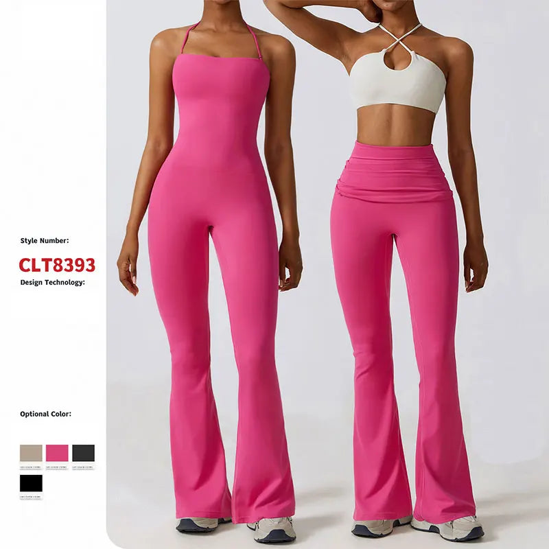 New Sports Jumpsuit for Women Fitness Flare Pants One Piece Yoga Suit Dance Gym Outfits Bodysuit Sportswear Workout Set