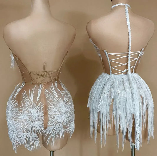 Glitter Pearls Fringes White Women's Dress Sexy Mesh Two Pieces Dance Outfit Performance Singer Costume Party Club Show Wear