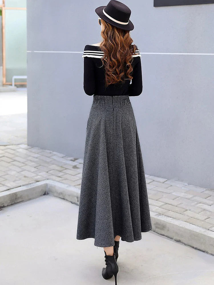 High Waist Vintage Houndstooth Plaid Warm Wool Long Skirt For Women 2023 Elegant Casual Big Swing A-Line Saias Longas Female