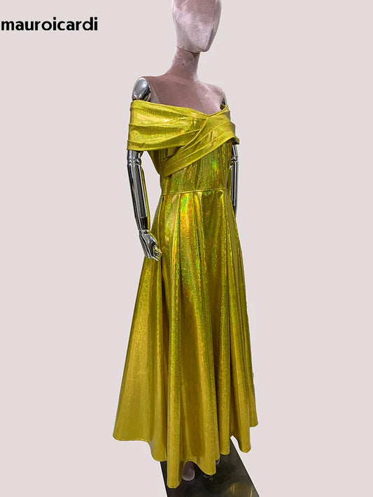Mauroicardi Spring Long Luxury Elegant Chic Gold Pu Leather Evening Party Wedding Dresses for Women Off Shoulder Lace Up Clothes