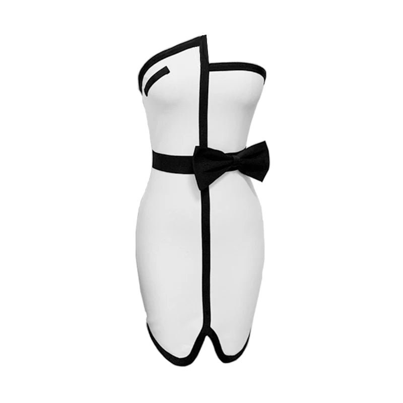 Women's Patchwork Mini Bandage Black Bow Strapless Bodycon 2023 Summer Sexy Elegant Club Celebrity Evening Party Dresses