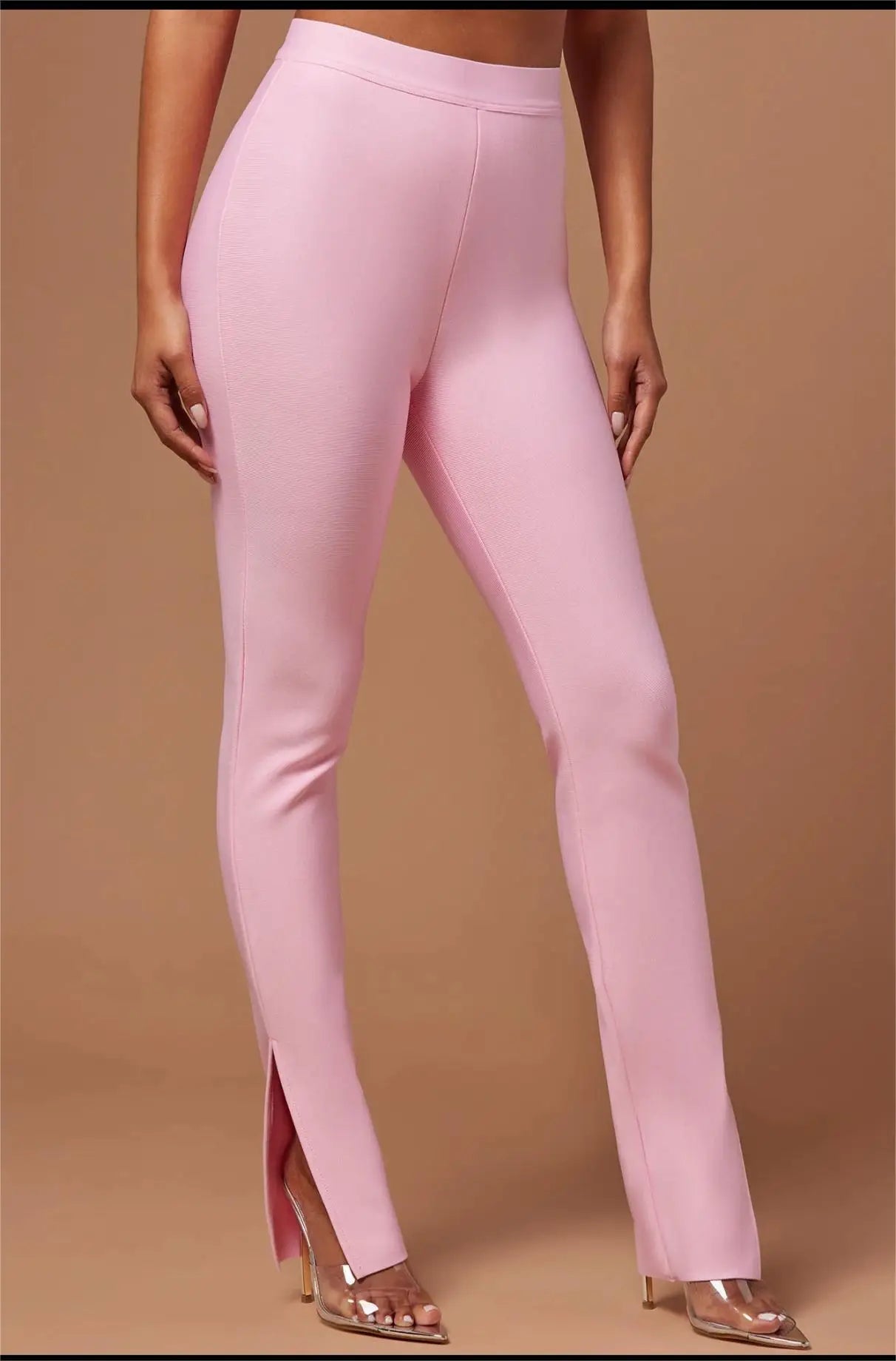 2023 New Fashion Pink Color Women Sexy Mesh Crystal Tops Bandage Pants 2 Pieces Bodycon Set High Street Evening Party Set