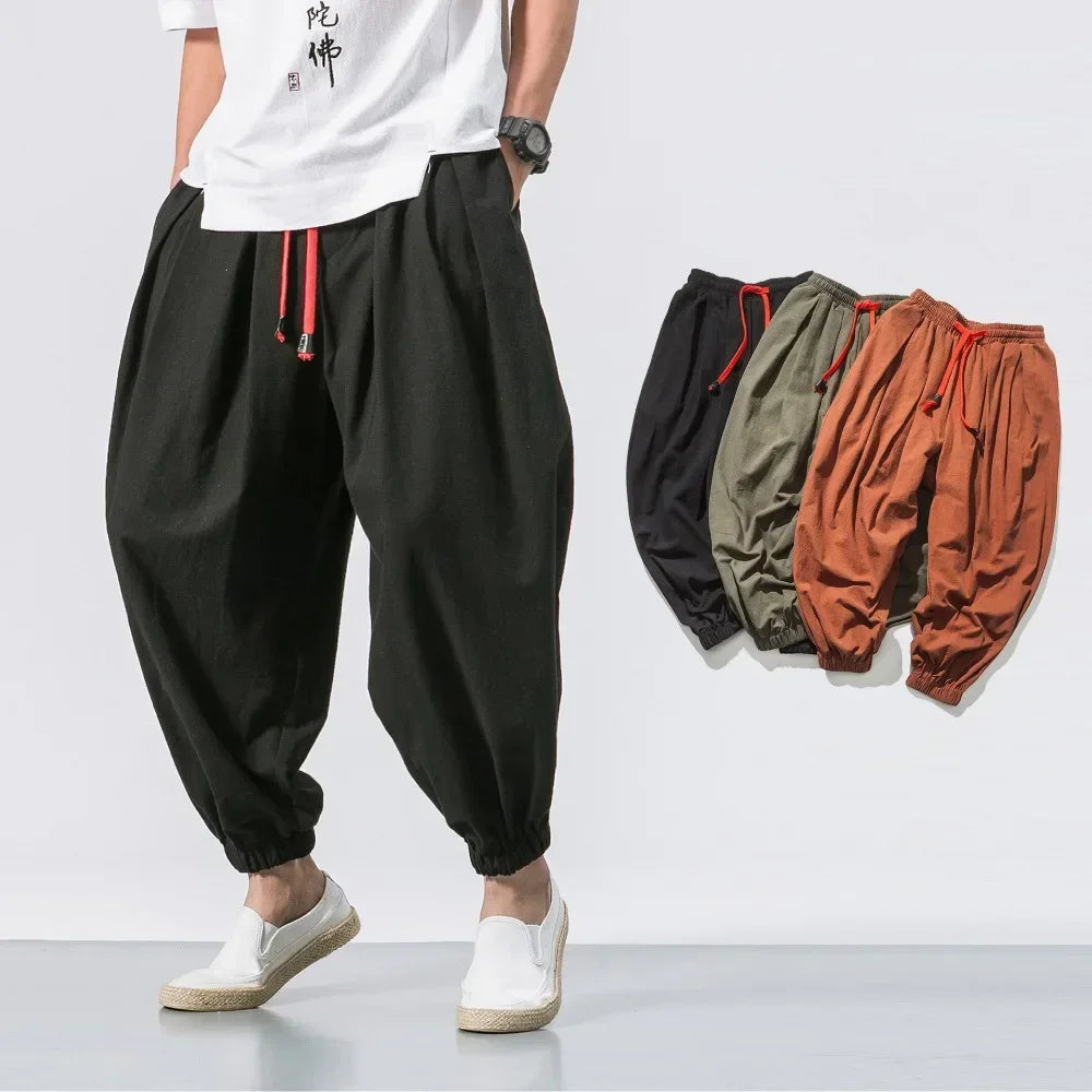 New Trendy Men Harem Pants Loose Oversized Style Cotton and Linen High Quality Jogger Sweatpants Casual Male Trousers