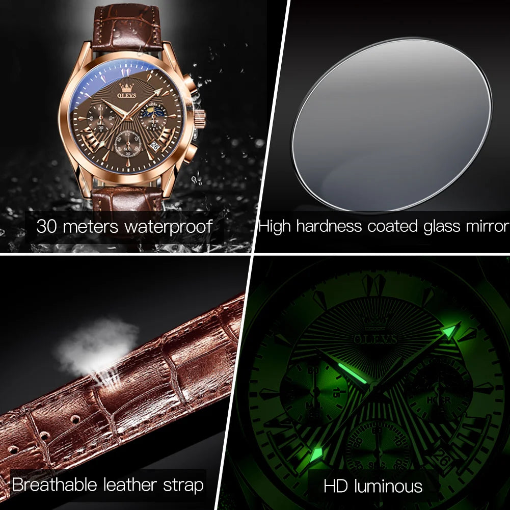 OLEVS Original Luxury Brand Men's Watches High Quality Waterproof Quartz Watch for Men Fashion Leather Strap Man Wristwatch
