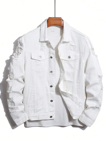 Men's denim jacket for spring and autumn. White denim ripped jacket. Street trend fashion. Daily casual.