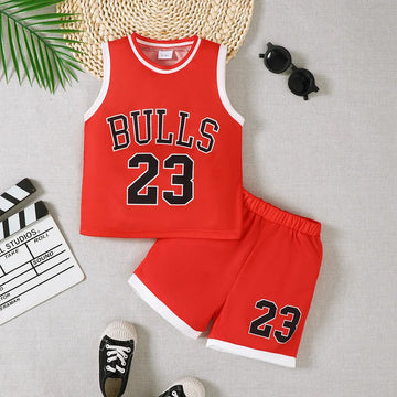 2PCS Child Boy Sports Basketball Red and White Letter Printed Vest Paired with Fashionable Shorts Summer Set for Boy 2-8 Years