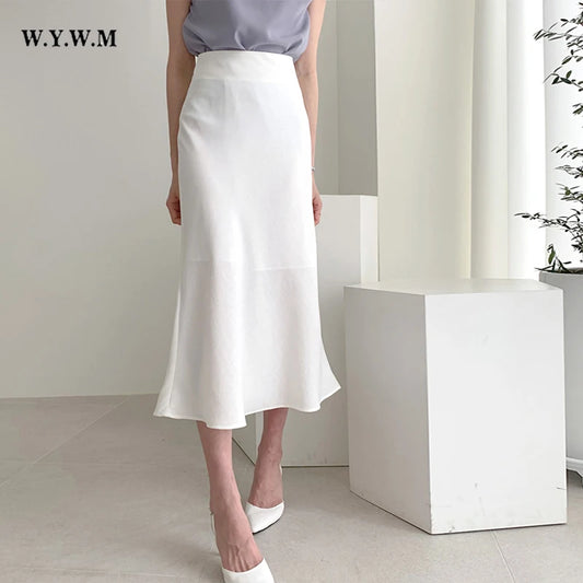 WYWM Summer High Waisted Satin Silk Skirt Women Solid 8 Color Fashion Elegant Ladies Streetwear Skirts Slim A-line Female Dress