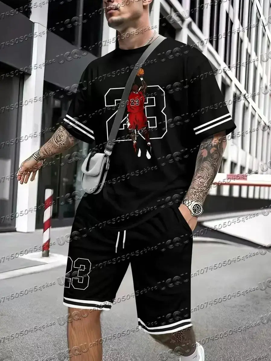 Men's NO.23 Print Short Sleeve T-Shirt & Shorts Set Round Neck Short Sleeved Women's T-shirt Shorts Basketball Sport Set