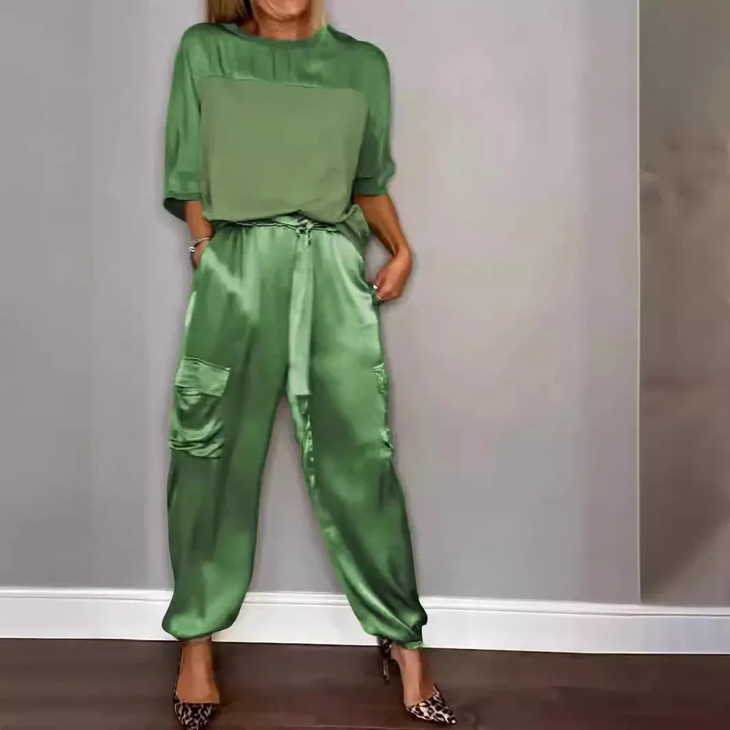 Summer Satin 2 Piece Set Women Casual Solid Color 2 Piece Outfit Half Sleeve Tops Loose Fit Pants Suit Two Piece Sets