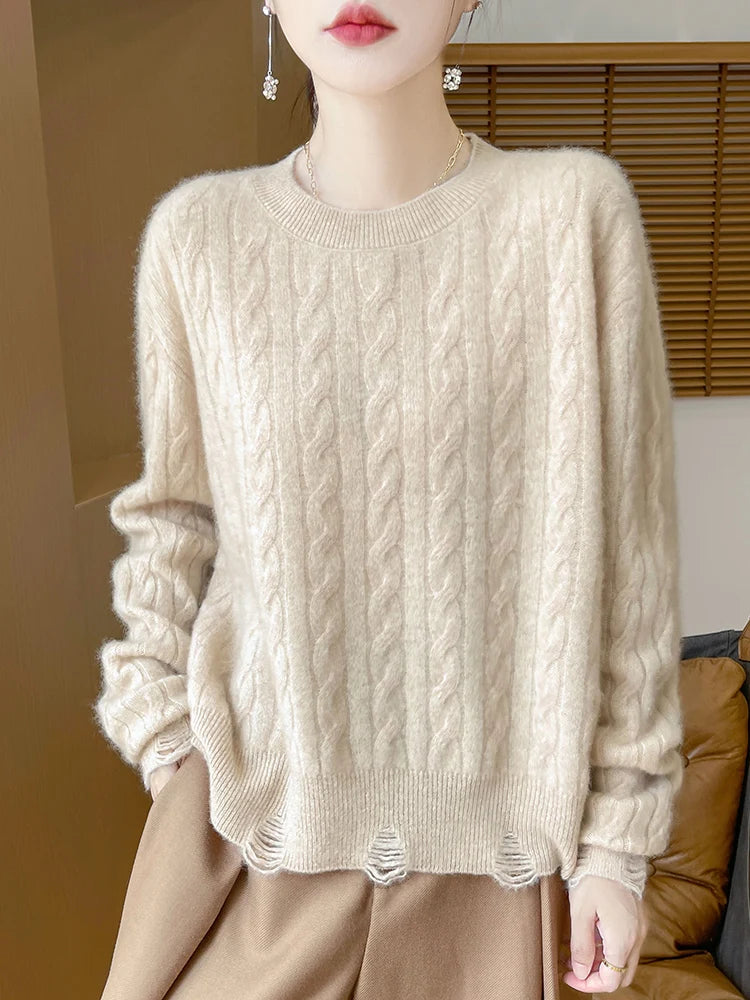 Women Cable Knit Sweater 100% Merino Wool Knitwear O-neck Preppy Style Long Sleeve Pullover Autumn Winter Cashmere Sweater Tops