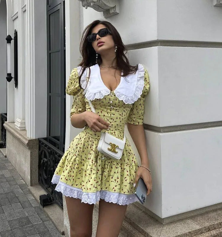 Women's Clothing 2023 Summer Doll Collar Floral Short Sleeve Dress Slim Fit Waist Tutu Skirt Lace Club Party Dress Vestidos