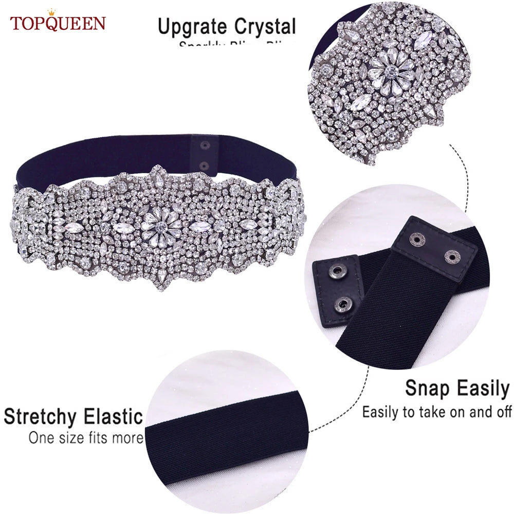 TOPQUEEN S233-B Women Black Elastic Belt All-match Silver Rhinestones Crystal Women Dress Gown Elegant Female Daily Sash Sparkly