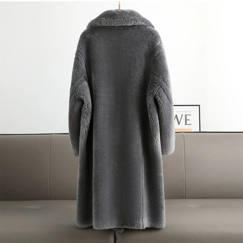 2022 Women Long Cashmere Coat Wool Woven Fabric Thick Warm Outerwear Oversize Fashion Streetwear Teddy Bear Winter Jacket