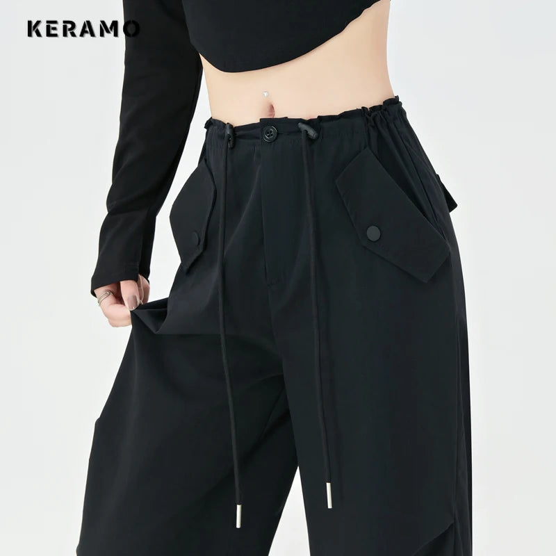 Women's High Street Casual Overalls 2000S Solid Color Loose Wide Leg Pants American Retro Punk Y2k Drawstring Cargo Pants